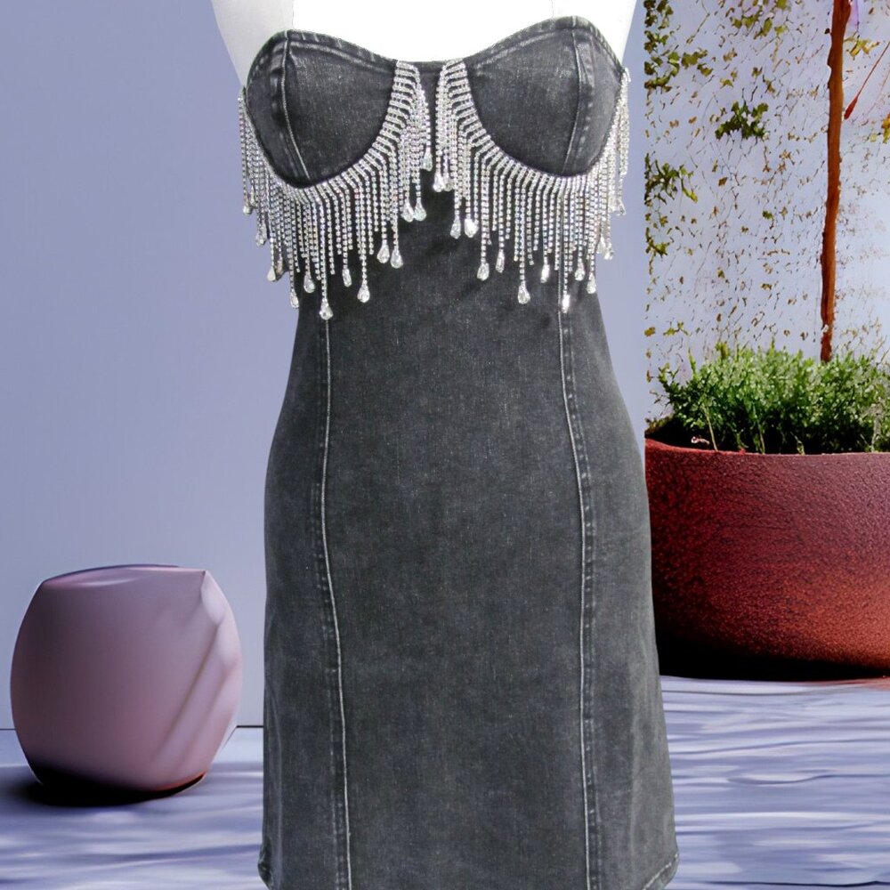 CLOUD TEN LADIES BLACK DENIM BLINGED BODY CON DRESS NWT - Picture 2 of 13